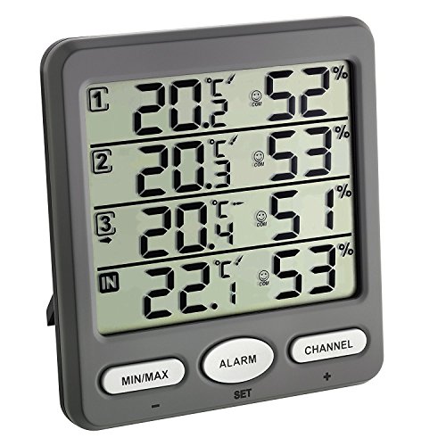 TFA Dostmann 30.3054 Klima-Monitor Radio Thermometro Higrómetro clima interior control, gris con baterías