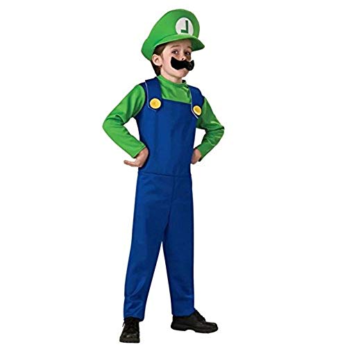 thematys® Super Mario Luigi Gorra + pantalón + Barba - Traje Conjunto para niños Carnaval y Cosplay (M, Talla 120-130cm)