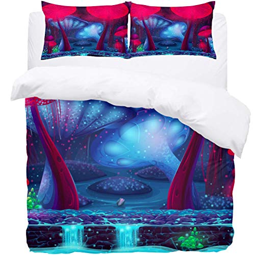 TIZORAX King Bedding Duvet Cover Set - Glowing Mushroom Elves 3 Piece Microfiber Comforter Set Quilt Cover and 2 Pillow Shams for Men Women