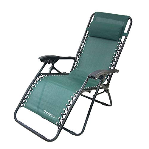 Todeco - Silla Plegable de Gravedad Cero, Relajante Textileno Jardín - Carga máxima: 100 kg - Material: Textilene - 165 x 112 x 65 cm, Verde, Textilene, con Almohada