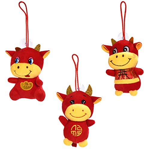 TomaiBaby 3Pcs Año Nuevo Chino Buey de Peluche de Juguete de Felpa Vaca de Juguete Ganado Ternero Muñeca con Succión 2021 Vaca Afortunada Rojo Mascota Buey de Juguete Fiesta Favor Regalos