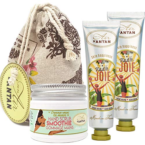 Un Air d'Antan® Caja Regalo Mujer 1 Exfoliante Manos 50ml, 2 Cremas Manos Hidratante JOIE con Manteca de Karite y Aloe Vera, Perfume Lirio de los Valles, Azahar y Rosa, Navidad Regalo Mujer Originales