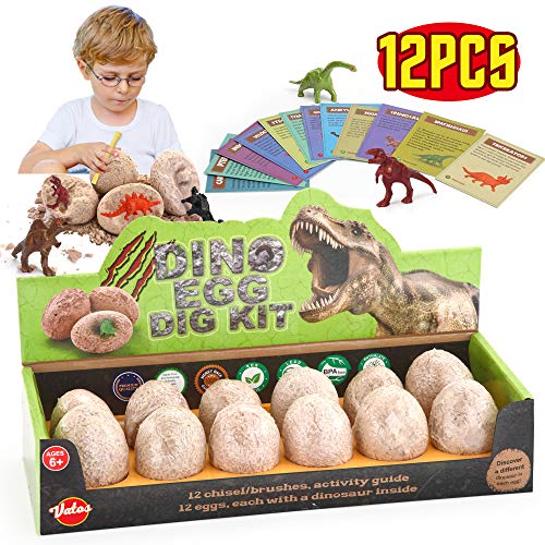 VATOS Huevos de Dinosaurio de Kit de Excavación Paquete de 12, Descubre 12 Dinosaurios Diferentes, Fiesta de Pascua de Juguete Stem Juguetes Educativos para Niños de 6-9 Años Regalo de Niños Niñas