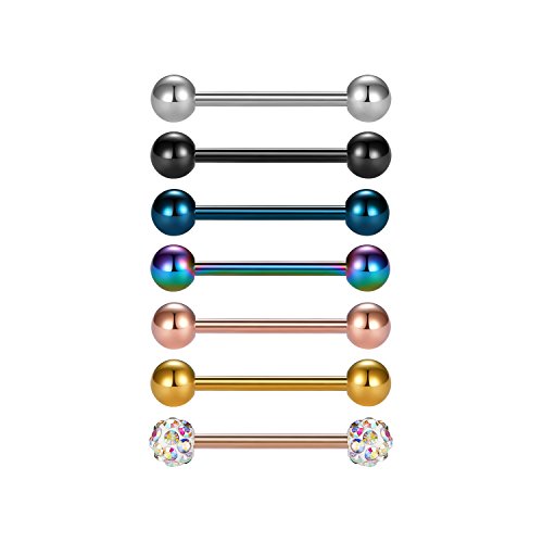 Vcmart 7 Piezas Barras de Lengua de Acero quirúrgico pezón Anillo Piercing Barbell 14G 18mm