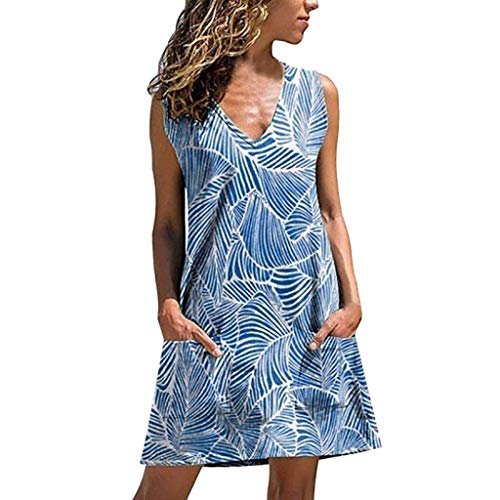 Vestidos Mujer Verano 2019 Nuevo SHOBDW Boho Cuello en V Sin Mangas Floral Suave Bolsillos Elegant Vestidos Playeros Mujer Casual Suelto Vestidos Mujer Cortos Talla Grande(Azul,L)