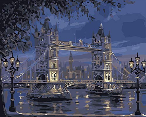 WONZOM DIY Pintura al óleo Kit de Pintura por Números DIY Lienzo Pintura por Números Acrílica Pintura al óleo para Adultos Niños Londres Puente de la Torre 16 * 20 Pulgadas