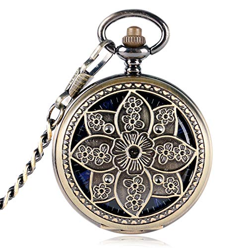 XVCHQIN Reloj de Bolsillo Retro de Cobre con Flor de Loto para Mujer, Esqueleto mecánico, Cuerda Manual, números Romanos Azules, Regalo, Bronce