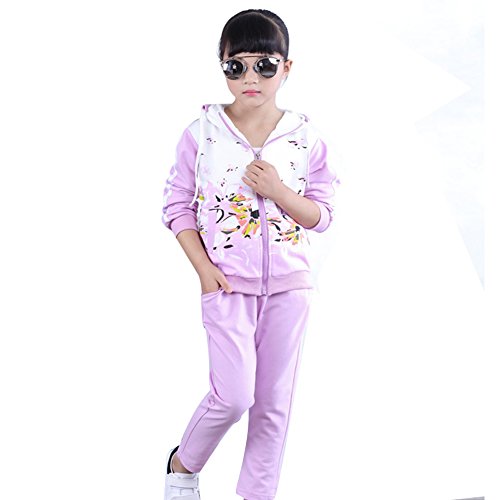 YFPICO Traje Deportivo Chándal para Niñas Chaleco con Capucha Sudadera de Manga Larga Chaqueta de Chándal de 2 Piezas Top + Pantalones, Violeta, 7-8 años Etiqueta 130