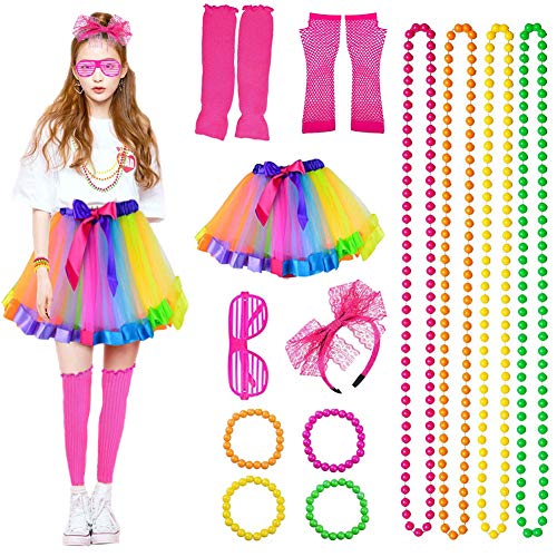 Yuccer 80s Accesorios de Disfraces Mujer 80 Falda Tutú Adulto Guantes de Rejilla Neon Pulseras Collares Calientapiernas Encaje Arco Diadema Gafas de Sol