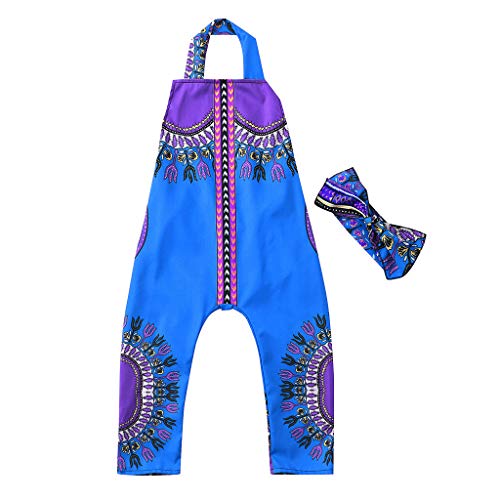 YWLINK Conjuntos NiñA,Verano Mezcla De AlgodóN Sin Posicionamiento De ImpresióN Estilo Nacional Ropa Infantil del Mono del Mameluco del Estampado Africano Sin Mangas+Banda De Pelo(Azul,4-5 años/110)