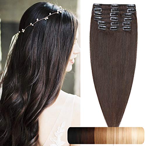 18"(45cm) SEGO Extensiones de Clip de Pelo Natural 8 Piezas [#2 Castaño Oscuro] Cabello Humano Liso 100% Remy Human Hair Balayage (80g)