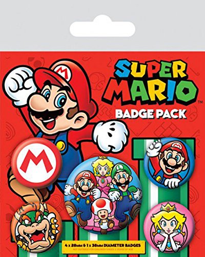 1art1 Super Mario, Princesa Peach, Luigi, 1 X 38mm & 4 X 25mm Chapas Set De Chapas (15x10 cm) Y 1x Pegatina Sorpresa