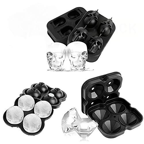 3 Pieza Calavera de Bandeja, Molde de Cubitos, Molde de Hockey Sobre Hielo, Molde para Cubitos Silicona, Moldes de Hielo con Calaveras Negras, Diamantes y Bolas para Whisky, Cócteles y Bebidas (Negro)