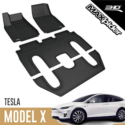 3D MAXpider Tesla modelo X de 6 plazas 2016-2020 (con consola central) ajuste personalizado para todo tipo de clima, alfombrillas de coche serie Kagu (1ª, 2ª y 3ª fila, negro)
