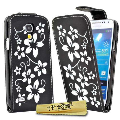 Accessory Master - Funda de piel sintética con tapa para Samsung Galaxy S4 Mini i9190, diseño de flores, color negro y blanco