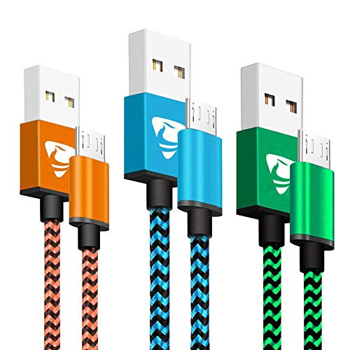 Aione Cable Micro USB Carga Rápida 2m, Sincro y Carga USB Compatible con Dispositivos Android, Samsung Galaxy, TCL, Sony, Nexus y Más, 3-Unidades, (Azul,Naranja,Verde)