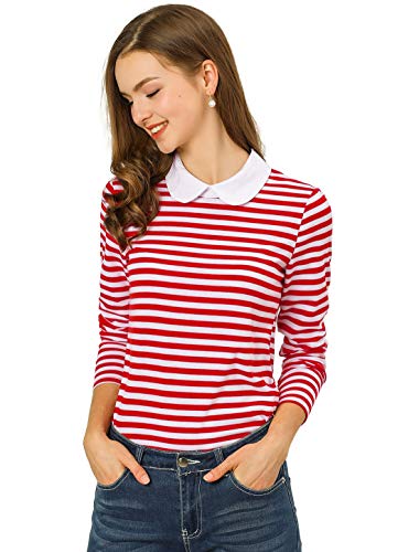 Allegra K Blusa Top con Rayas Collar De Peter Pan Manga Larga para Mujeres Rojo L