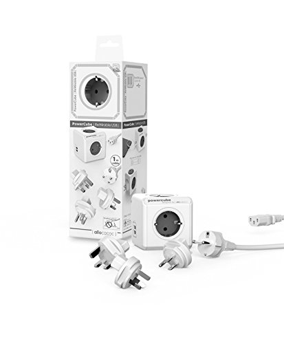 allocacoc PowerCube DuoUSB ReWirable GRIS Travel Plugs + Cable, Ladrón multiple de viaje con 5 enchufes/tomas de corriente y 2 enchufes de USB (2.1 A) en forma de cubo