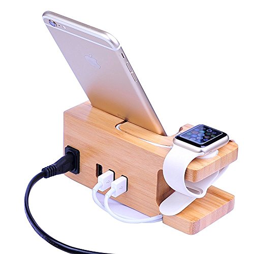 Apple Watch Soporte, XPhonew Bamboo 3 USB HUB iPhone Charger Soporte Charging Docking Station Holder Display Cradle para iPhone XS MAX XR X 8 7 6S 6 Plus iWatch 2 3 4 42mm y 38mm Samsung Smartphones