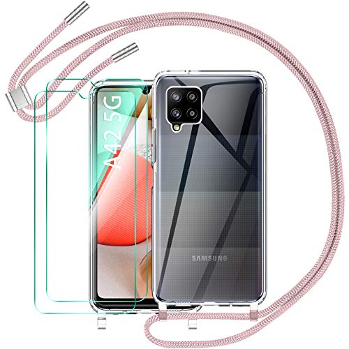 AROYI Funda Compatible con Cuerda Compatible con Samsung Galaxy A42 5G y 3 Pack Cristal Templado, Carcasa Transparente de TPU con Correa Colgante Ajustable Case, Oro Rosa