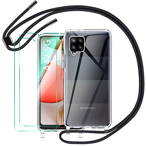 AROYI Funda Compatible con Cuerda Compatible con Samsung Galaxy A42 5G y 3 Pack Cristal Templado, Carcasa Transparente de TPU con Correa Colgante Ajustable Case, Negro