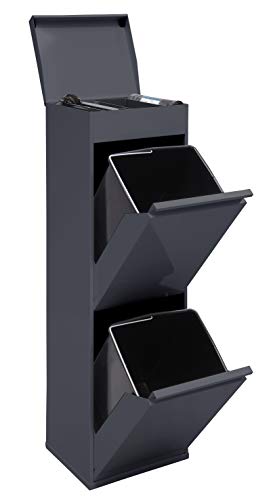 Arregui Top CR224-B Cubo de Basura y Reciclaje de Acero de 2 Cubos con Tapa y Bandeja Superior Multiusos, Gris Oscuro Antracita, 97.5x30.6x24.6