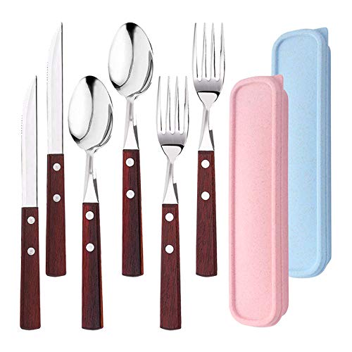 AUHOTA 6 Piezas Utensilios Portátiles con 2 Cajas, Prima Acero Inoxidable Juegos de Cubiertos, Reutilizable y Ecológico Cuchillo Tenedor Cuchara para Camping Llevar Picnic Oficina (Estilo B)