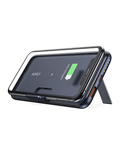 AUKEY Cargador portátil 10000 mAh, Cargador inalámbrico con Soporte de Plegable Pata, batería portátil con PD 3.0 Carga rápida 3.0, Paquete de batería Externa USB-C de 18 W para iPhone 11/11 Pro&More
