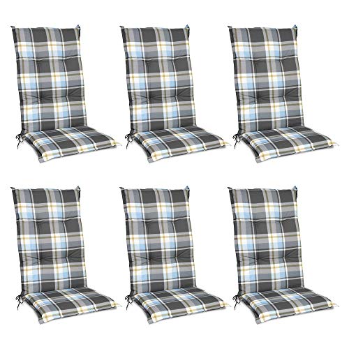 Beautissu Set de 6 Cojines para sillas de Exterior y jardín con Respaldo Alto Sunny BK Azul 120x50x6 cm tumbonas, mecedoras, Asientos cómodo Acolchado Resistente a Rayos UV