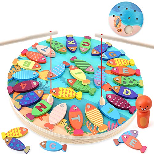 BeebeeRun 2 en 1 Juego de Pesca Magnetico,Juguetes para 3 4 5 Años Niñas Niños,Alfabeto Magnético de Madera Educación Juguetes Regalos(40 PCS)