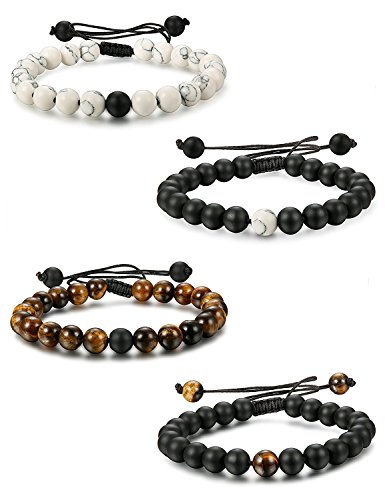 Besteel 4Piezas 8MM Pulsera Cuentas para Hombre Mujer Pareja Pulsera Piedra Bolas Brazalete Amantes Pulsera Love, Ajustable