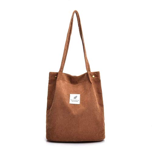 Bolso de pana para damas chica gran Bolso de hombro de pana Bolso de mano lavable reutilizable bolso de bandolera casual para mamá maestra trabajo escolar playa compras comida viajes (Marrón)