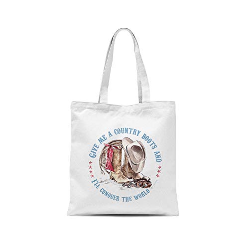 Bolso shopper country Give me a country boots and i'll conquer the world 100% tela de algodón impresión Made in Italy Blanco Size: 38cm x 40cm