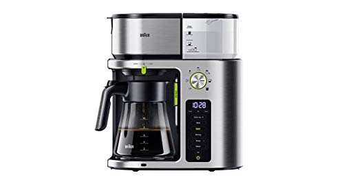 Braun MultiServe KF 9170 SI - Cafetera de filtro con jarra de cristal, 7 tamaños de porciones para hasta 10 tazas, función de té, pantalla táctil, temporizador, 1750 W, acero inoxidable