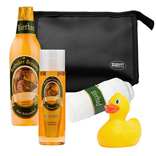 BRUBAKER Beer Bath Set Giftset for Men Showergel, Bath Foam, Sponge Bag, Towel and Rubberduck