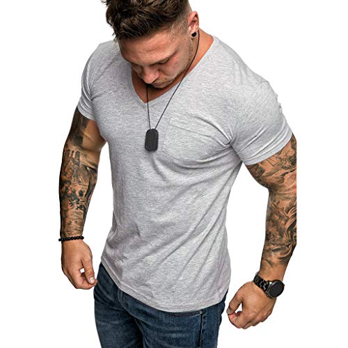 Camiseta Hombre Manga Corta, Camiseta Basica Verano Cuello en V T Shirt Casual Transpirable Color Sólido Men's T-Shirt tee con Bolsillo(Gris,XXL)