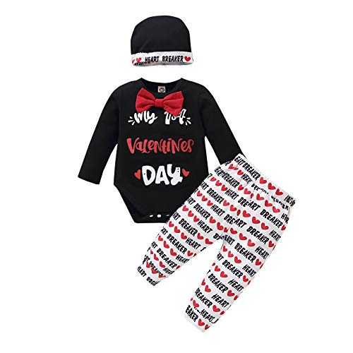 Carolilly Conjunto de 3 piezas para bebé de Valentine's Day de manga larga con impresión de letras + pantalones elásticos + gorro de bebé con corazón rojo Nero A 6-9 Meses