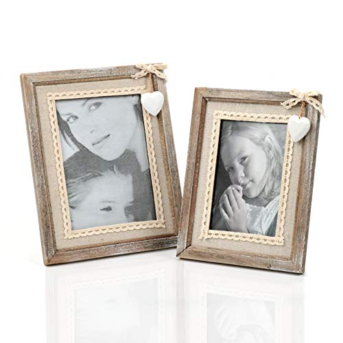 Cilusar Juego de 2 marcos de fotos de madera, 10 x 15 y 13 x 18 cm, vintage, madera maciza, con corazón blanco y arpillera, para cumpleaños, boda, regalo