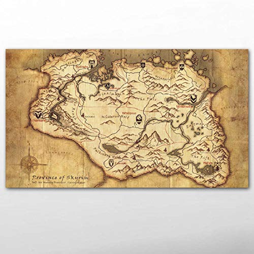 DXNB Carteles e Impresiones Videojuego Skyrim Mapa Antiguo del Mundo Papel Tapiz Lienzo Pinturas artísticas de Pared para decoración de Sala de Estar 16X28 Pulgadas sin Marco