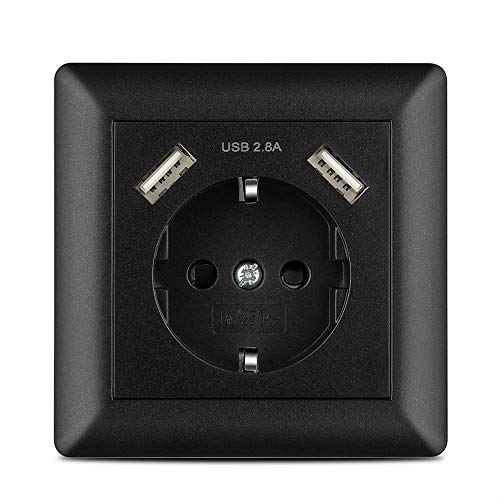 Enchufe pared USB 2.8A Negro, Kaifire Schuko Toma de corriente con 2 puertos USB System 55 Instalación empotrado - Cargador para Smartphone Tablet MP3