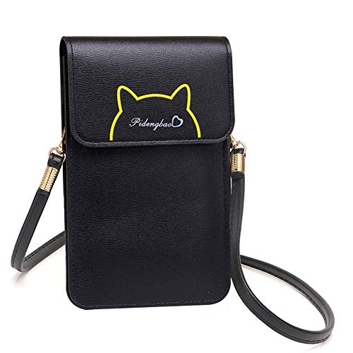 EQLEF Cross-body Shoulder Bag, bolsa de teléfono celular de cuero linda de la PU Negro con pantalla táctil transparente ventana Crossbody monedero para las llaves del teléfono dinero tarjetas