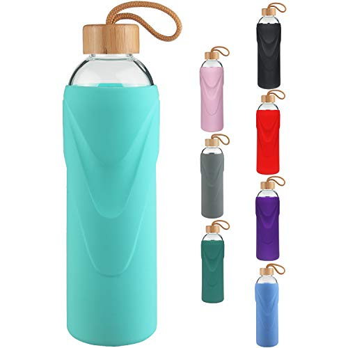 FCSDETAIL Botella de Agua de Cristal sin BPA, Botella de Agua de Vidrio de Borosilicato con Funda de Silicona con Tapa de Bambú 420ml / 660ml / 1000ml