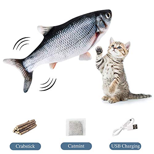 FINEVERNEK Hierba Gatera Eléctrica,Juguete Pez para Gato,Peluche de Juguete de Pez Eléctrico Recargable de Simulación Fish Realista Juguete Gato con 10 Piezas Palitos de Catnip Matatabi