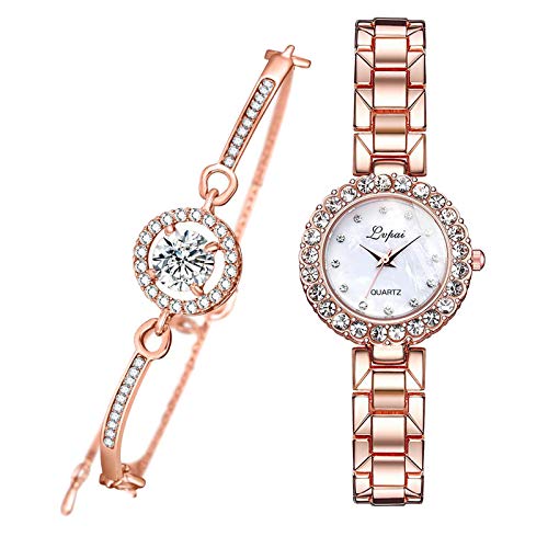 FITYLE Pulsera de Lujo Rosa y Conjunto de Relojes de Moda Brazalete de Cadena Reloj de Cuarzo Reloj de Pulsera Regalo de joyería para Banquete - Rosa Rojo Blanco