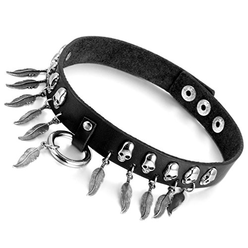 Flongo Collar Gargantilla Negra, Choker de Estilo gótico Punk, Cuero con Remaches Calavera con Plumas Cool, Collar Unisex Ajustable, 37-41cm