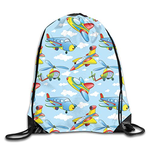 Fuliya Drawstring Backpack Bag for Men Women，Cartoon Planes And Helicopters In The Air Between Clouds Nursery Toy Artwork，Great for Yoga, Travel, Hiking, Beach Bags