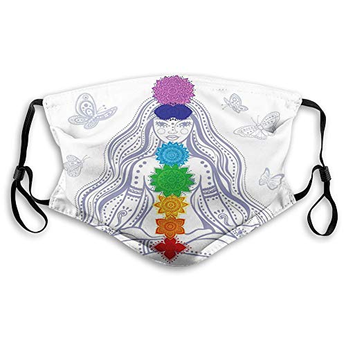 FULIYA Protector de boca y nariz de tela, reutilizable para media cara, lavable, elástico, longitud ajustable, chica espiritual en loto con piedras de chakras coloridas para yoga