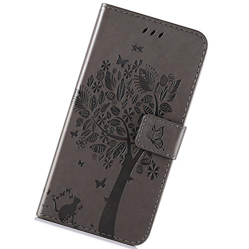 Funda Compatible con MOTO Z4 Play.KunyFond Carcasa Case Gato y arbol PU Leather Billetera Cuero Flip Ranuras Tarjetas Cartera Funcion Soporet Multifuncional Cierre Magnético Cover Back Bumper,Gris