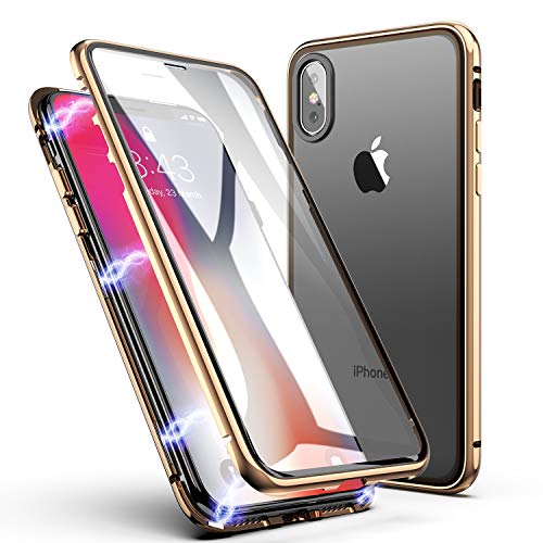 Funda iPhone X/XS, ZHIKE Estuche de Adsorción Magnético Frente y Parte Posterior de Vidrio Templado Cobertura de Pantalla Completa Diseño de una Pieza Cubierta con Tapa para Apple iPhone X/XS (Dorado)