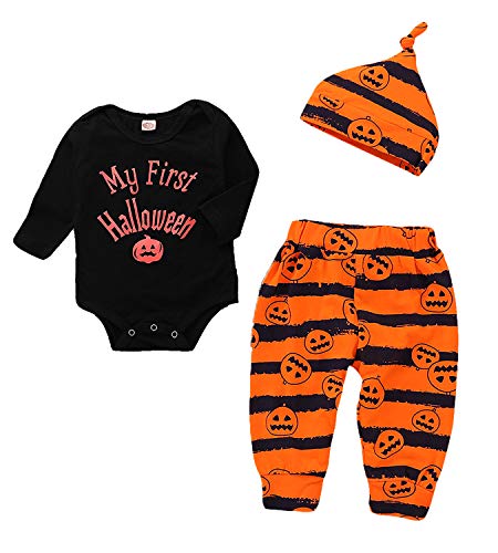 HiFunBay Niños Baby Boy Girl First Halloween Pumpkin Hoodie Outfits Mameluco de manga larga 3PCS con lindo sombrero para fiesta (01,3-6 Meses)